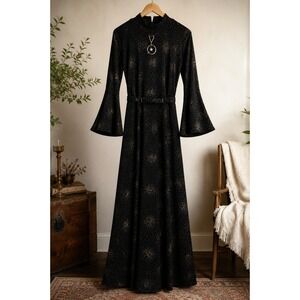Black Metallic Shimmer Maxi Dress Bell Sleeves Gothic Glam Tie Back Boho XL